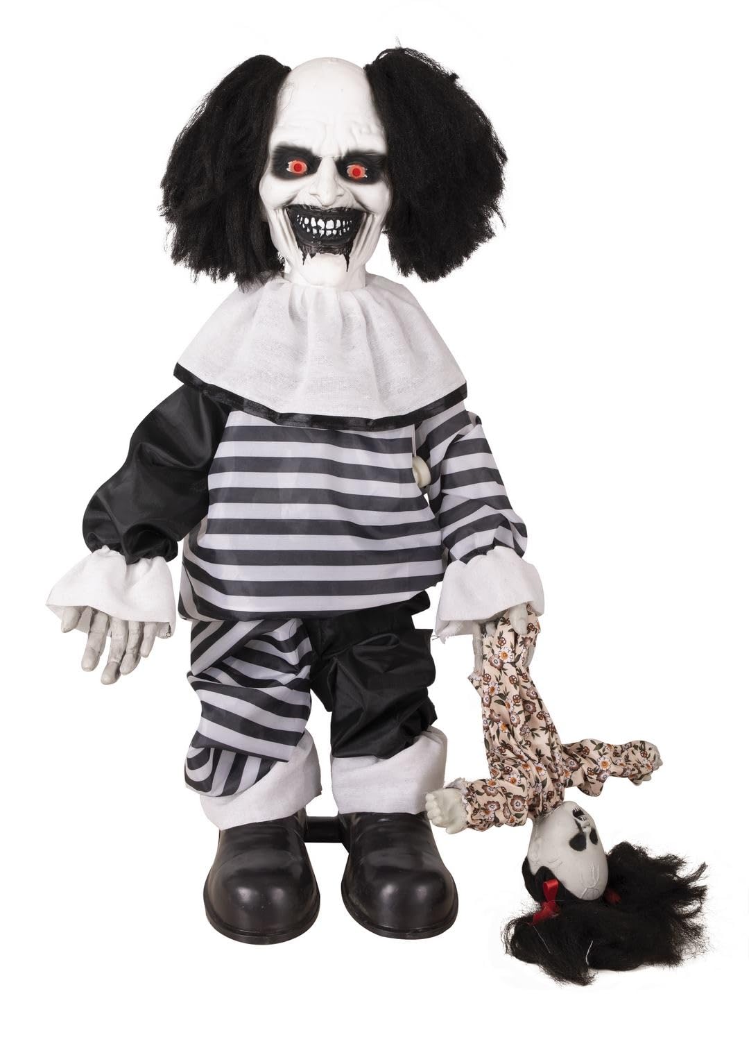 P'TIT CLOWN - 25155 - Automate Halloween Animé - Animatronique - Animatronics - Clown Maléfique - Sonore et Lumineux - Décoration Effrayante - Piles Non incluses (3xAA) - Noir, Blanc - 80 cm
