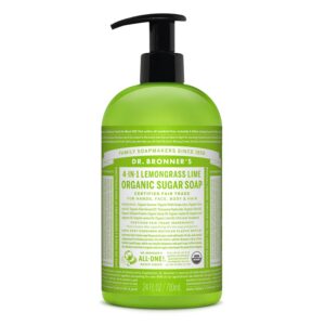 Dr Bronner's Savon à pompe 4 en 1 au sucre, à la citronnelle et au citron vert, fabriqué avec des ingrédients biologiques, utilisé pour les mains, le corps, le visage et les cheveux, certifié issu du