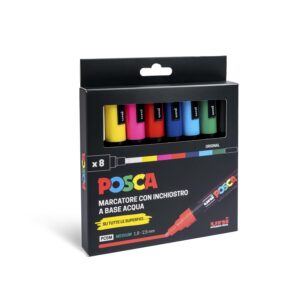 POSCA - Uniposca Set avec marqueurs acryliques pointe ronde 1,8-2,5 mm, couleurs pour tissus, bois, verre et autres, marqueurs aquarellables Uni Posca professionnels et papeterie, résistants à
