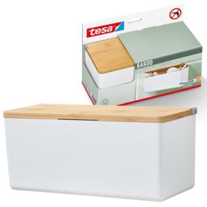 tesa Baboo (M) - Boîte pour salle de bains, Avec couvercle bambou - Fixation au mur, sans perçage - Blanc, 242 mm x 110 mm x 102 mm - Avec tesa Powerstrips Waterproof Strips XL