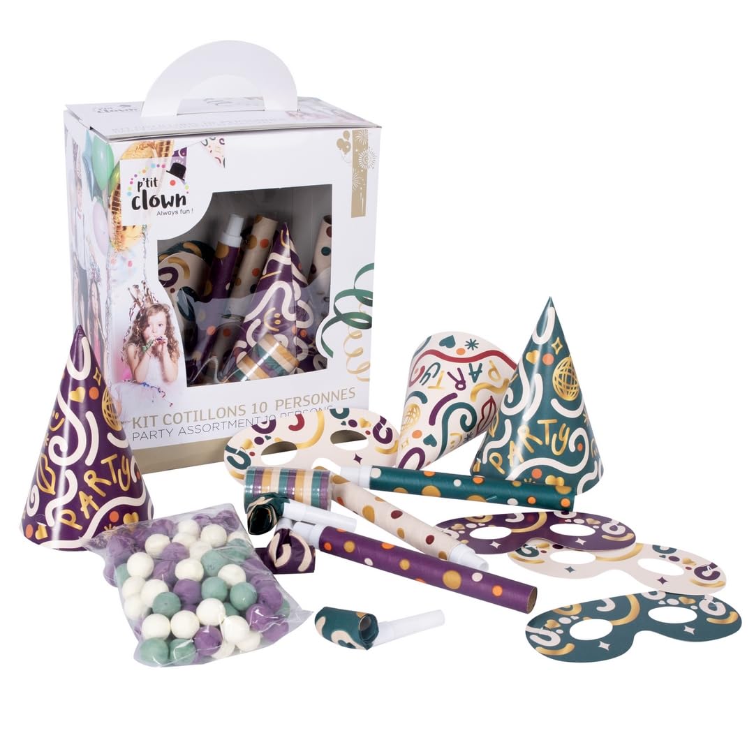 P'TIT CLOWN - Kit Cotillons Boîte 10 Personnes - Accessoire de Fête Amusant et Coloré - Parfait pour Nouvel An, Noël, Anniversaire, Mariage, Soirée à Thème ou Fêtes de fin d’année (Multicolore)