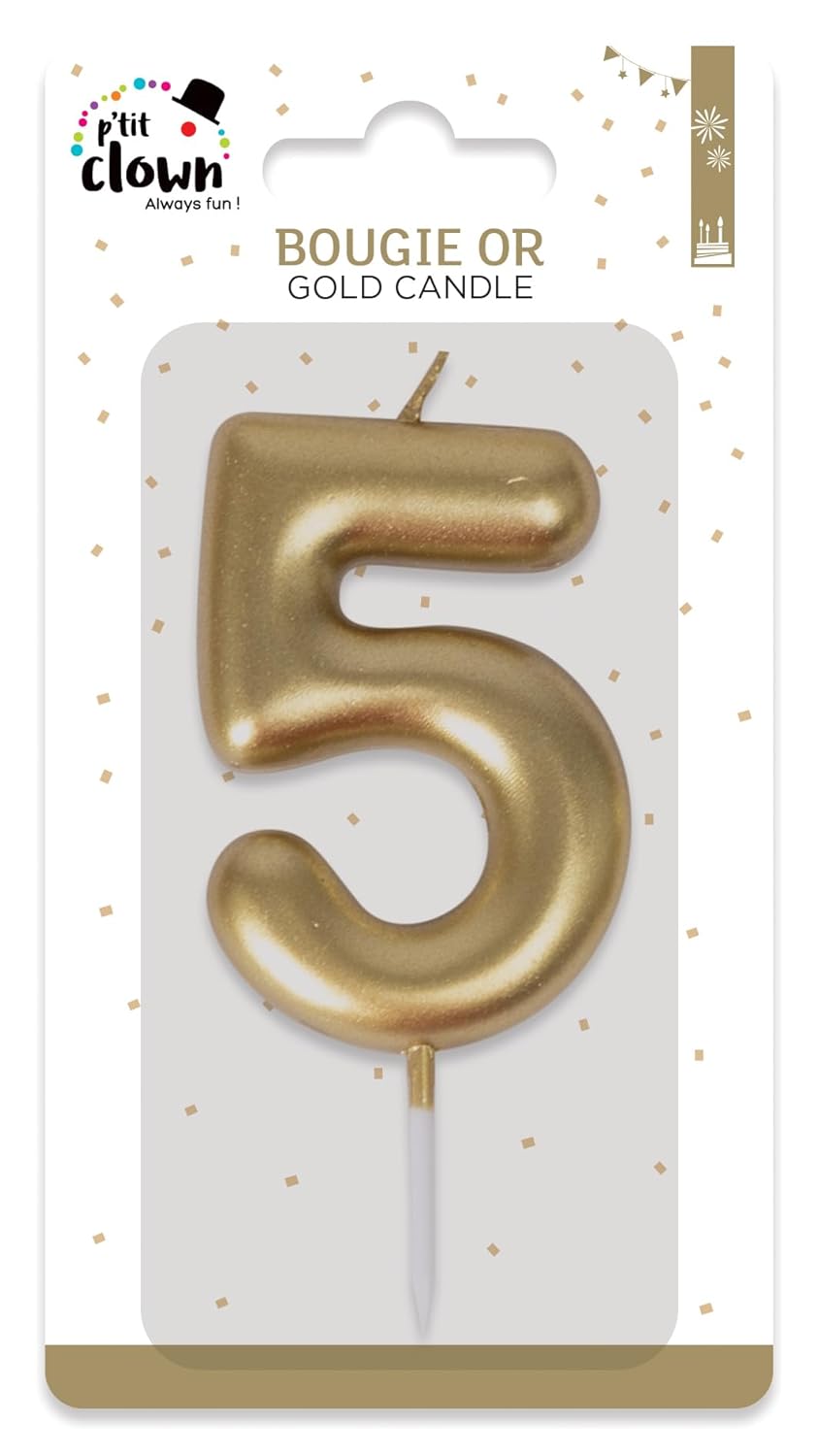 P'TIT CLOWN - Bougie Anniversaire Numérotée - Parfaite pour Décoration Gâteau - Fête Enfant, Adulte, Birthday Party (Or, 5)