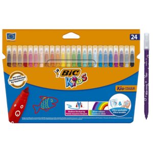 BIC Kids Kid Couleur - Feutres de Coloriage Lavables à Pointe Moyenne - Couleurs Assorties, Etui Carton de 24