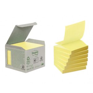 Post-it Z-Notes Autocollantes, Recyclés, Pack de 6 Blocs, 76 mm x 76 mm, 100 Feuilles par Bloc, Jaune Canari - Notes Autocollantes Fabriquées à partir de Papier 100% Recyclé