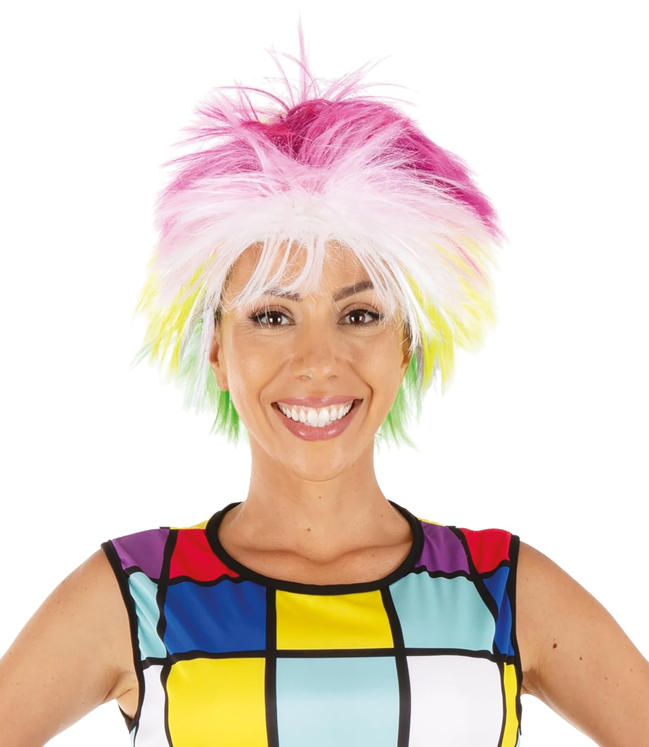 P'tit Clown - 22682 - Perruque Arc en Ciel Femme Courte Raide - Cheveux Synthétiques Multicolores - Idéale pour Déguisement Carnaval, Pride, Festival, Fête Costumée, Cosplay, Manga