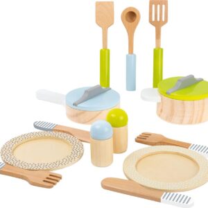 small foot Service de table et lot de casseroles en bois pour la cuisinede jeu des enfants, 15 pièces, 11098, Kindergerecht