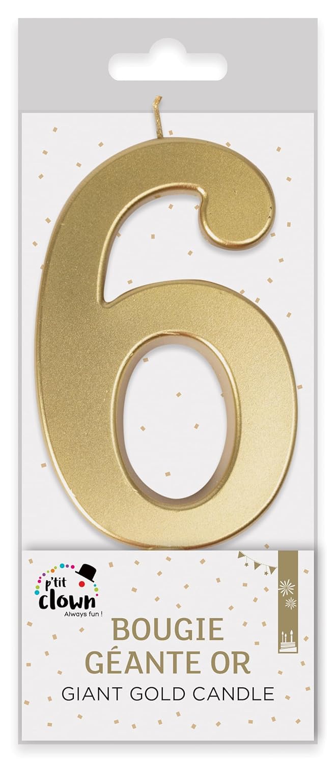 P'TIT CLOWN - Bougie Géante Anniversaire - Bougie Chiffre - Parfaite pour Décoration Gâteau - Fête Enfant, Adulte, Birthday Party - Hauteur : 13 cm - Or (6)