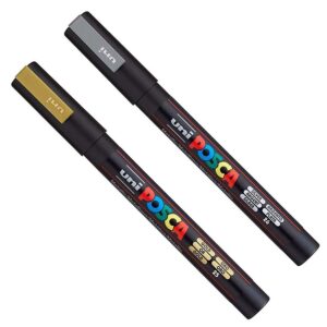 Posca PC-3M Lot de 2 marqueurs artistiques type peinture Pour tissu, verre, métal Doré et argenté (1 de chaque)