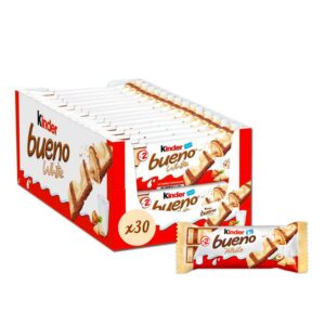 Kinder Bueno White - Fine Gaufrette Enrobée de Chocolat Blanc avec un Coeur Lait et Noisettes - Biscuit Fondant et Croustillant - Format à partager- 30 x 2 Barres (39g)