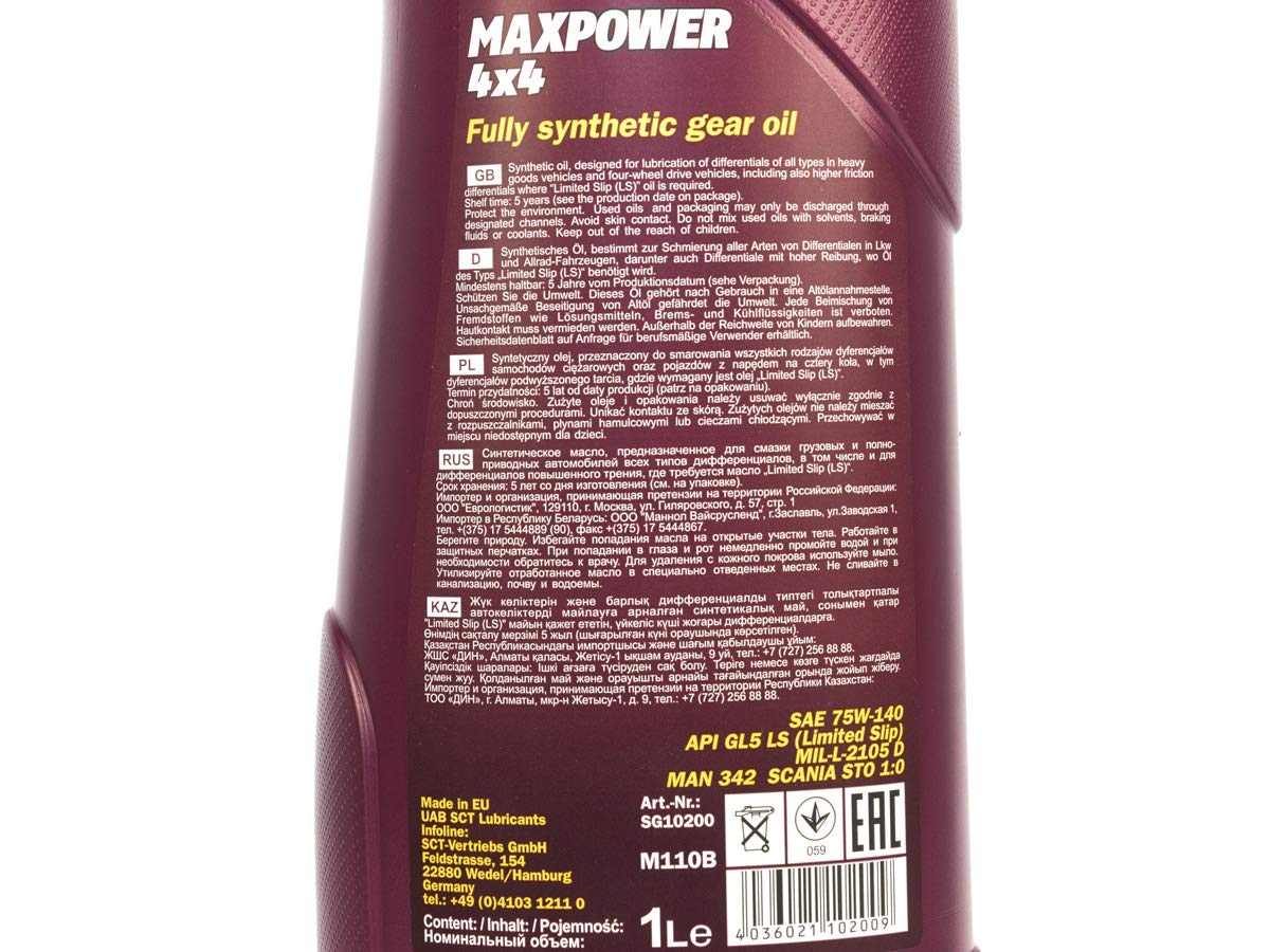 MANNOL Maxpower 4x4 75W-140 API GL 5 LS Huile de transmission 4 pièces de 1 litre – Image 3