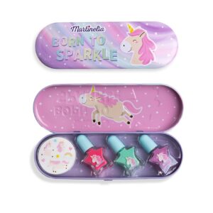 Martinelia Plumier Set Manucure Enfant Licorne - Kit Manucure Dans Étui Avec 3 Vernis à Ongles Enfants Colorés & Autocollants Licorne, Étoiles, Cœurs, Arcs-En-Ciel - Mini Vernis à l'Eau Non Toxique