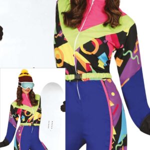 FIESTAS GUIRCA Déguisement de ski rétro pour femme – Costume de ski coloré des années 80 - Costume amusant pour femme - Snowboarder des années 90, combinaison de neige, survêtement Taille L