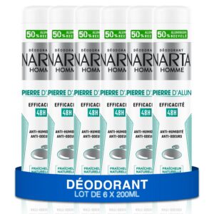 NARTA - Déodorant Homme - Pierre d'Alun Spray Efficacité 48h Anti-Humidité & Odeurs Hypoallergénique - lot de 6x200ml