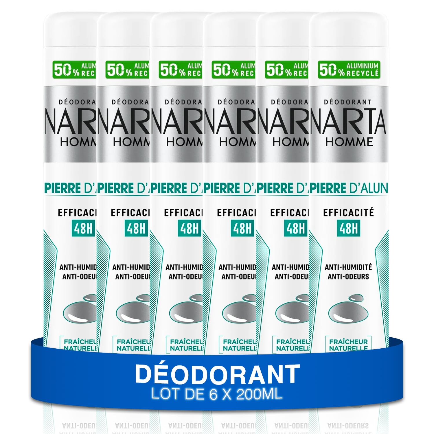 NARTA - Déodorant Homme - Pierre d'Alun Spray Efficacité 48h Anti-Humidité & Odeurs Hypoallergénique - lot de 6x200ml