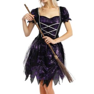 P'TIT CLOWN - Costume Sorcière Femme - Violet - Robe, Chapeau - Déguisement Adulte Parfait pour Halloween, Fêtes Costumées et Évènements à Thème