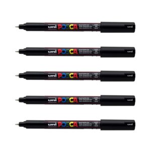 POSCA - Uni Mitsubishi Pencil - 5 Marqueurs Noir PC1MR Pointe Extra Fine Calibrée 0,7 mm - Marqueur Peinture À Base d'Eau - Tout Support - Pour Papier, Textile, Verre, Galet