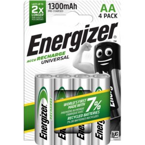 Energizer Recharge Unviersal - Piles Rechargeables AA (Lot de 4) - 1300 mAh NiMH - pré-chargées - Puissance Longue durée - 1000 Cycles - Emballage 100% Recyclable et sans Plastique