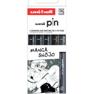 uni-ball - Mitsubishi Pencil - 5 Feutres d’Écriture et de Dessin Spécial Manga Shojo Uni Pin - 3 Pointes Calibrées Ultra-Fines à Fines - 1 Pointe Brush Extra Fine Noires - 1 Pointe Brush Gris Foncé
