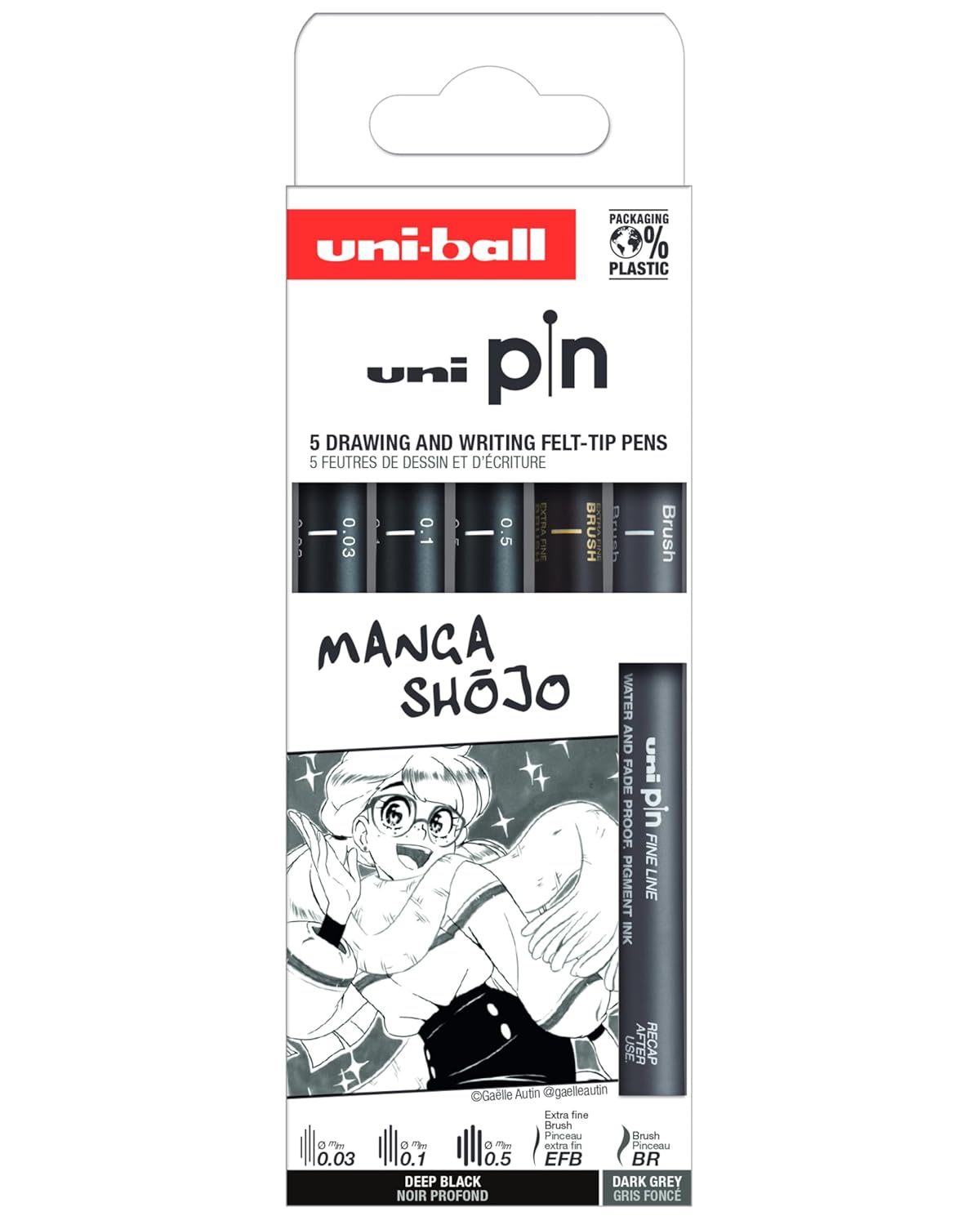 uni-ball - Mitsubishi Pencil - 5 Feutres d’Écriture et de Dessin Spécial Manga Shojo Uni Pin - 3 Pointes Calibrées Ultra-Fines à Fines - 1 Pointe Brush Extra Fine Noires - 1 Pointe Brush Gris Foncé