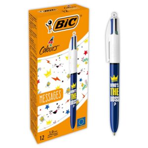 BIC 4 Couleurs Messages Stylos-Bille Pointe Moyenne (1,0 mm) - Motif « Who’s The Boss », Boîte de 12