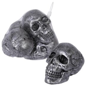 P’TIT Clown - 23627 - Mini Crânes Métalliques - Lot de 4 Têtes de Mort Décoratives - Décoration Halloween, Déco Maison Hantée, Horreur - Plastique - 12 cm - Gris