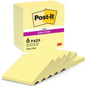 Post-it Notes Autocollantes Super Sticky, Pack de 6 Blocs, 90 Feuilles par Bloc, 76 mm x 76 mm, Jaune Pastel - Feuillets Super Adhésifs pour Prise de Notes, Listes de Tâches et Rappels