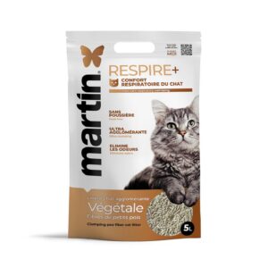 Litière Agglomérante Naturelle Chat Martin Sellier RESPIRE+ 5 L - 4 Sacs de 5L - sans Poussière, Végétale, Ultra Absorbante, Confort Respiratoire, Jetable Toilettes, Biodégradable, Anti-Odeurs