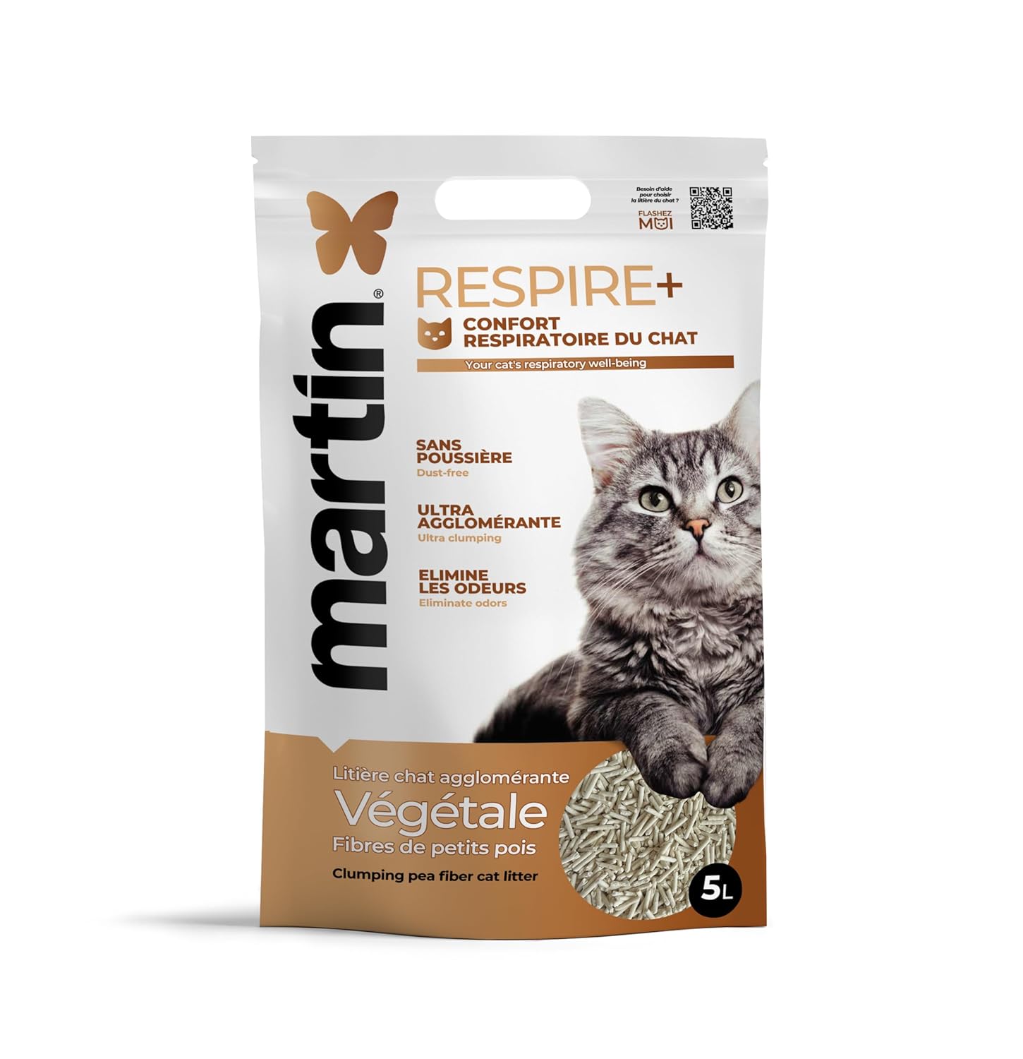 Litière Agglomérante Naturelle Chat Martin Sellier RESPIRE+ 5 L - 4 Sacs de 5L - sans Poussière, Végétale, Ultra Absorbante, Confort Respiratoire, Jetable Toilettes, Biodégradable, Anti-Odeurs