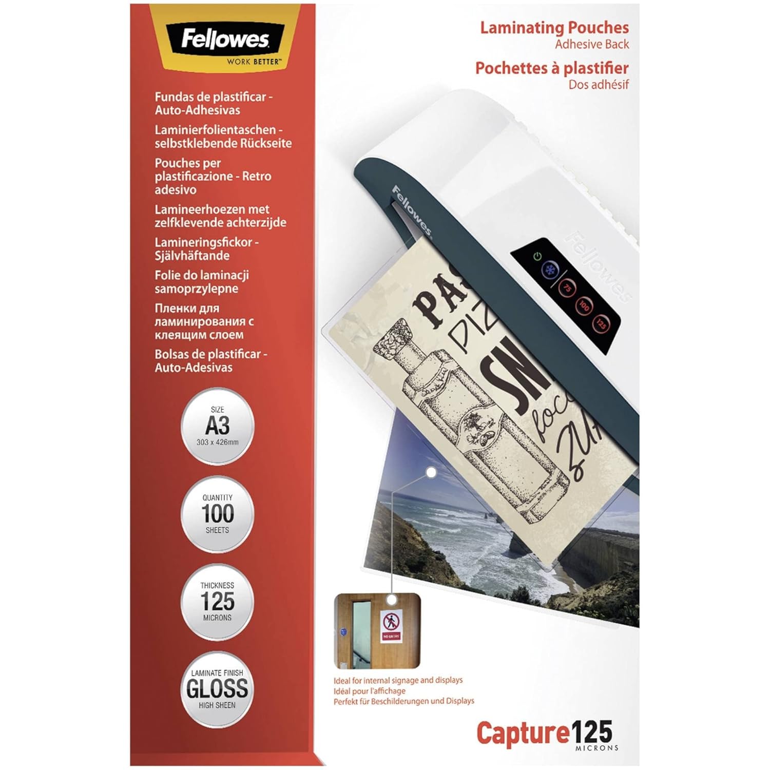 Fellowes Pochettes De Plastification A3 Autocollant Capture 125 microns A3, Lot de 100, Transparent