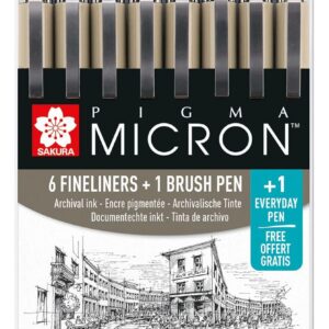 SAKURA Pigma Micron Fineliner Set - 6 tailles de pointe + Brush & PN Pen Free - Noir - Résistant à l'eau et à la décoloration