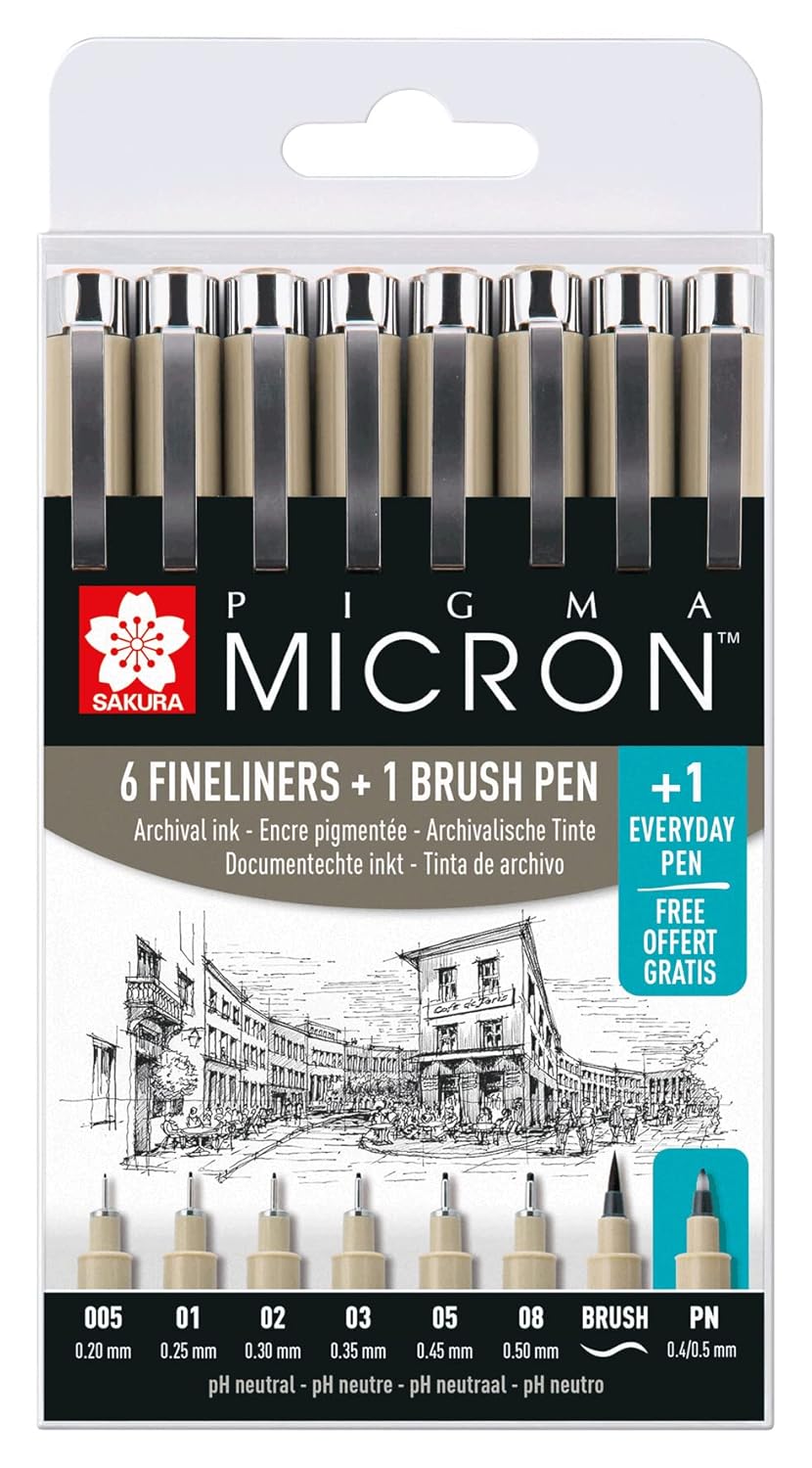 SAKURA Pigma Micron Fineliner Set - 6 tailles de pointe + Brush & PN Pen Free - Noir - Résistant à l'eau et à la décoloration