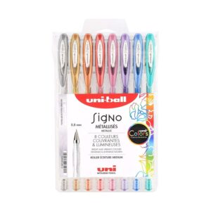 Mitsubishi Pencil - 8 Stylos Rollers Encre Gel - Uni-Ball Signo - Couleurs Métalliques - Pointe 0,8 mm - Écriture Médium - Rollers Créatifs pour Carterie et Loisirs Créatifs