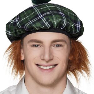 Boland - Beret Mister Tartan, bonnet avec cheveux, motif à carreaux, costume à carreaux, accessoire, carnaval, fête costumée