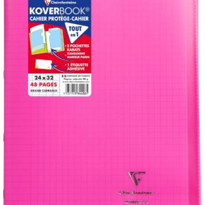 Clairefontaine 984408C Un Cahier Agrafé Koverbook Rose - 24x32 cm - 48 Pages Grands Carreaux - Papier Blanc 90 g - Couverture Polypro