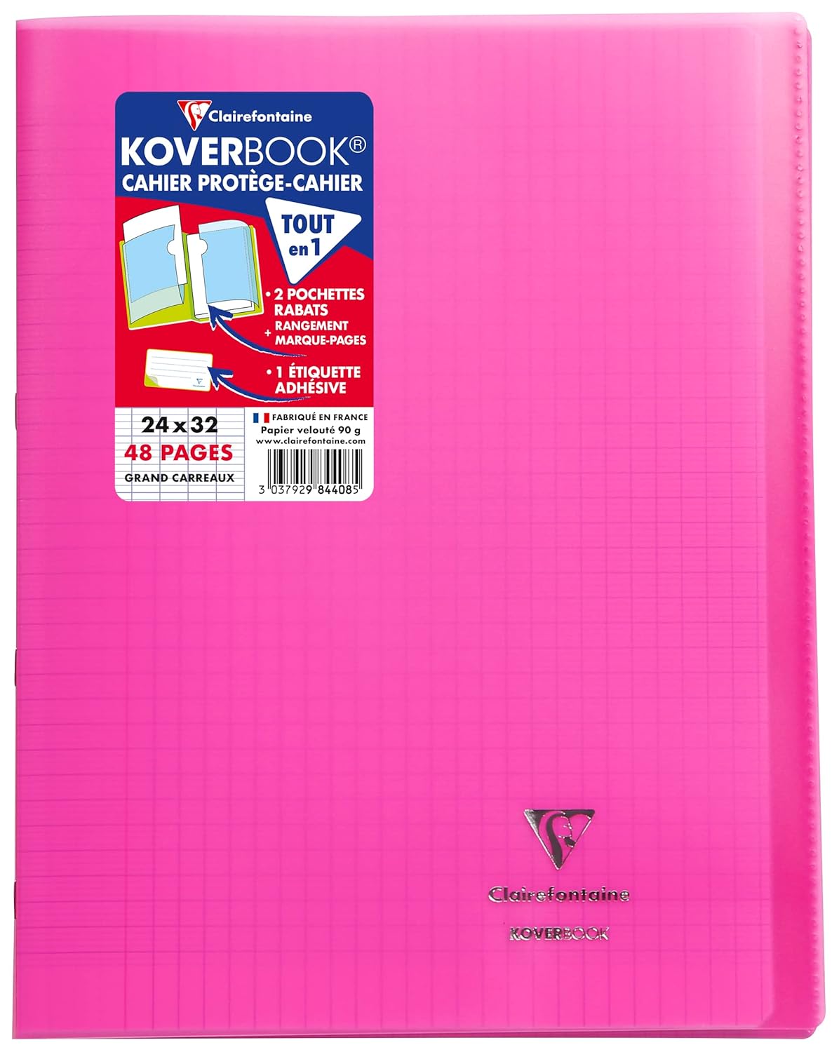 Clairefontaine 984408C Un Cahier Agrafé Koverbook Rose - 24x32 cm - 48 Pages Grands Carreaux - Papier Blanc 90 g - Couverture Polypro