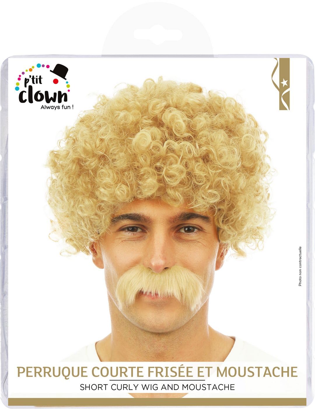 P'TIT CLOWN — Perruque Homme Frisée avec Moustache Blond – Image 3