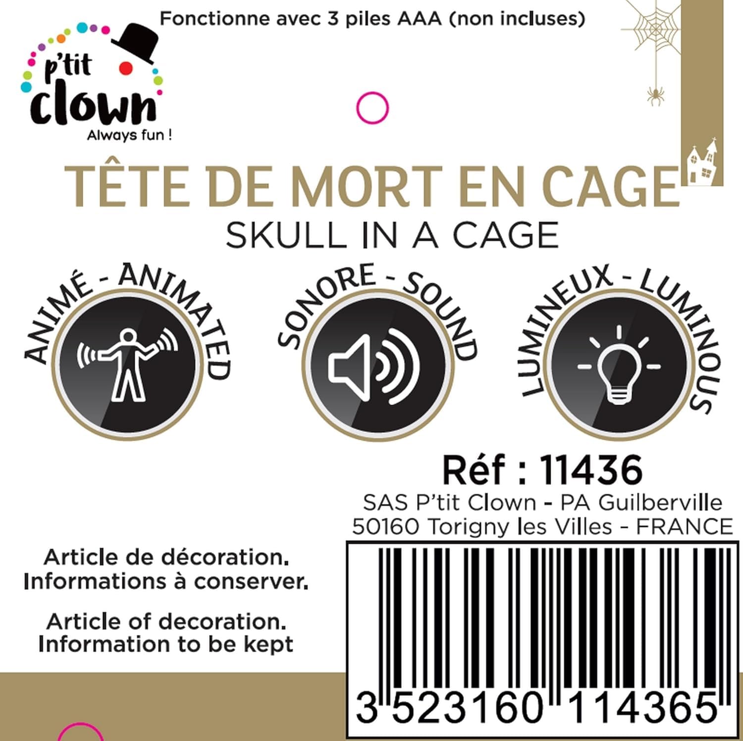 P'TIT CLOWN — Tête de Mort en Cage Animée Sonore 45 cm – Image 5