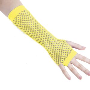 P'tit Clown - Mitaines en Résille - Sans Doigts - Adulte, Unisexe - Couleur Fluo - Accessoire Déguisement Carnaval, Fête à Thème - Fantaisie - Costume Années 80 - Disco - Danse (Jaune, Long)