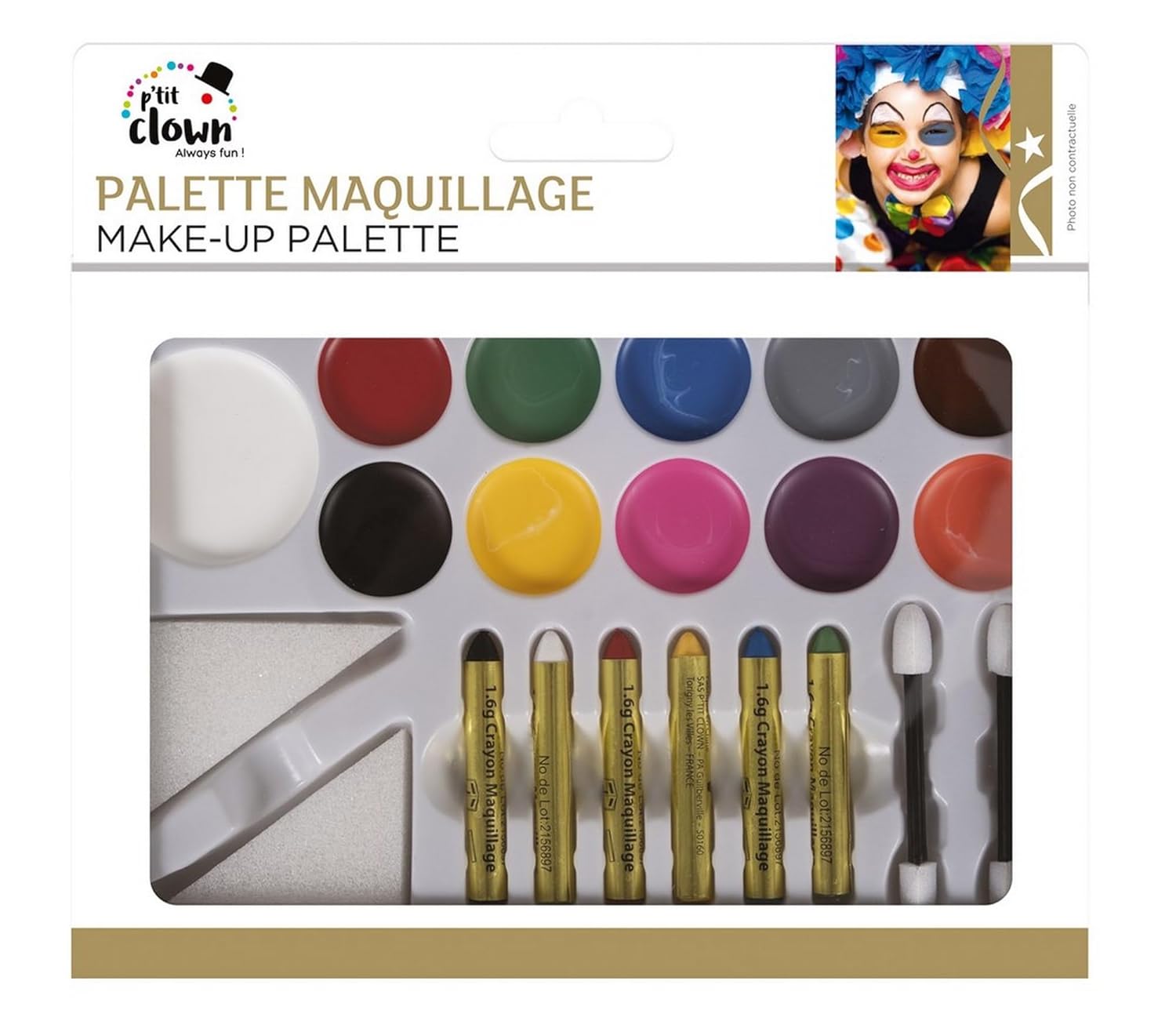 P'TIT Clown - 91012 - Palette de Maquillage Fard Gras - 11 Couleurs - Make-up - Enfant - Adulte - Peinture Visage - Lavable - Non Toxique - Halloween, Carnaval, Anniversaire, Cosplay, Kermesse