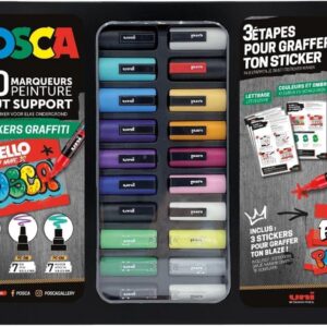 POSCA - Mitsubishi Pencil - Mallette Métal Sticker Graffiti - 20 Marqueurs Peinture Acrylique - 3 Tutos - 3 Stickers pour Graffer ton Blaze - Pointes PC-1MC PC-3M PC-5M - Tout Support