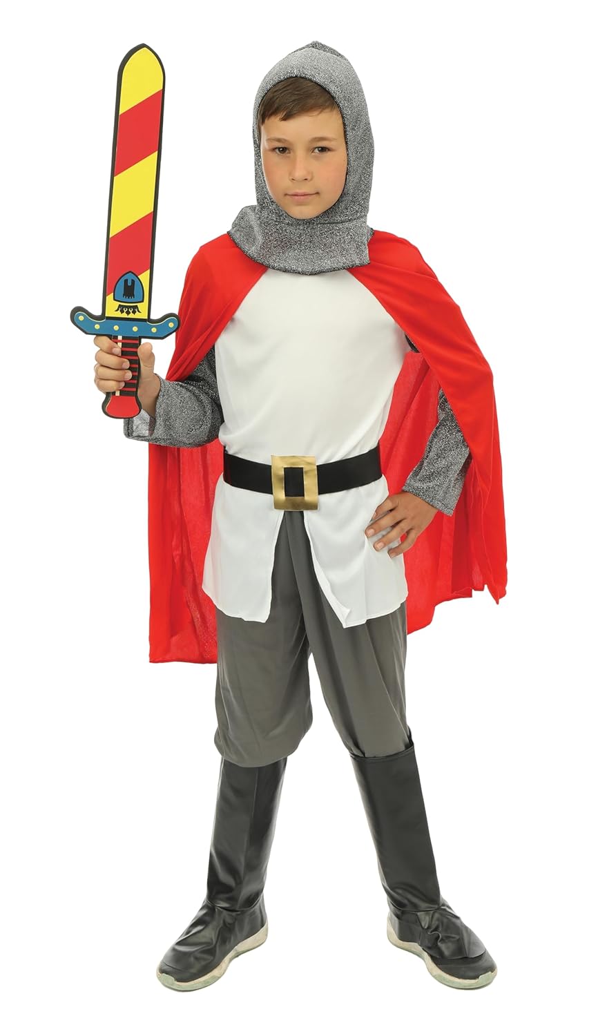 P'TIT CLOWN - Déguisement Chevalier Enfant - Costume Médiéval - Haut, Cagoule, Cape, Pantalon, Ceinture, Cache bottes - Carnaval, Cosplay, Fêtes Costumées et Évènements à Thème Moyen Age (5-6 ans)