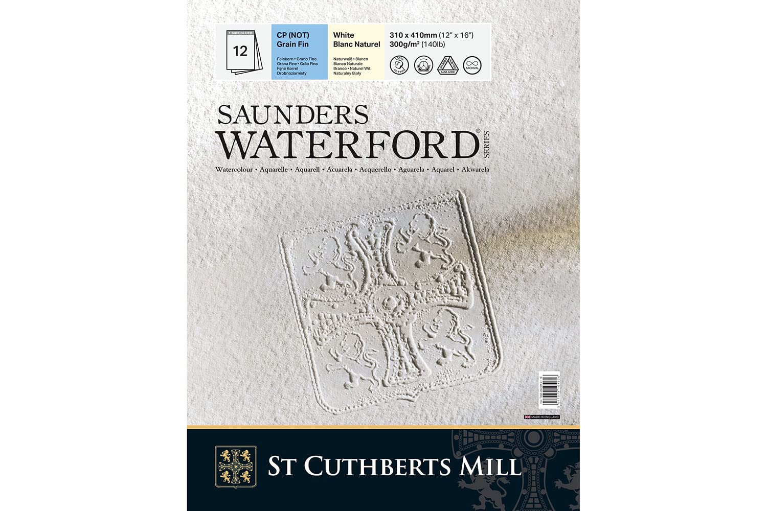 St Cuthberts Mill Saunders Waterford - Bloc 12 feuilles de papier aquarelle grain fin - 31x41 cm - 300g/m² - Blanc naturel