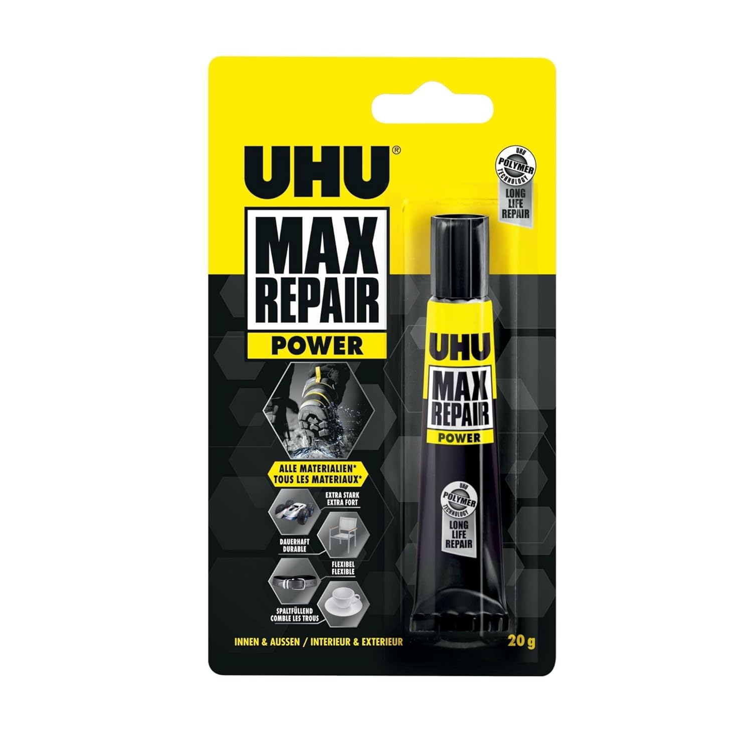 UHU Max repair power - Colle Extra-Forte et Flexible - Universelle Tous Supports: Chaussures, Caoutchouc, Cuir - Résiste à l'Humidité et -40°C à +120°C - Sans solvant - Transparente - Tube 20 g