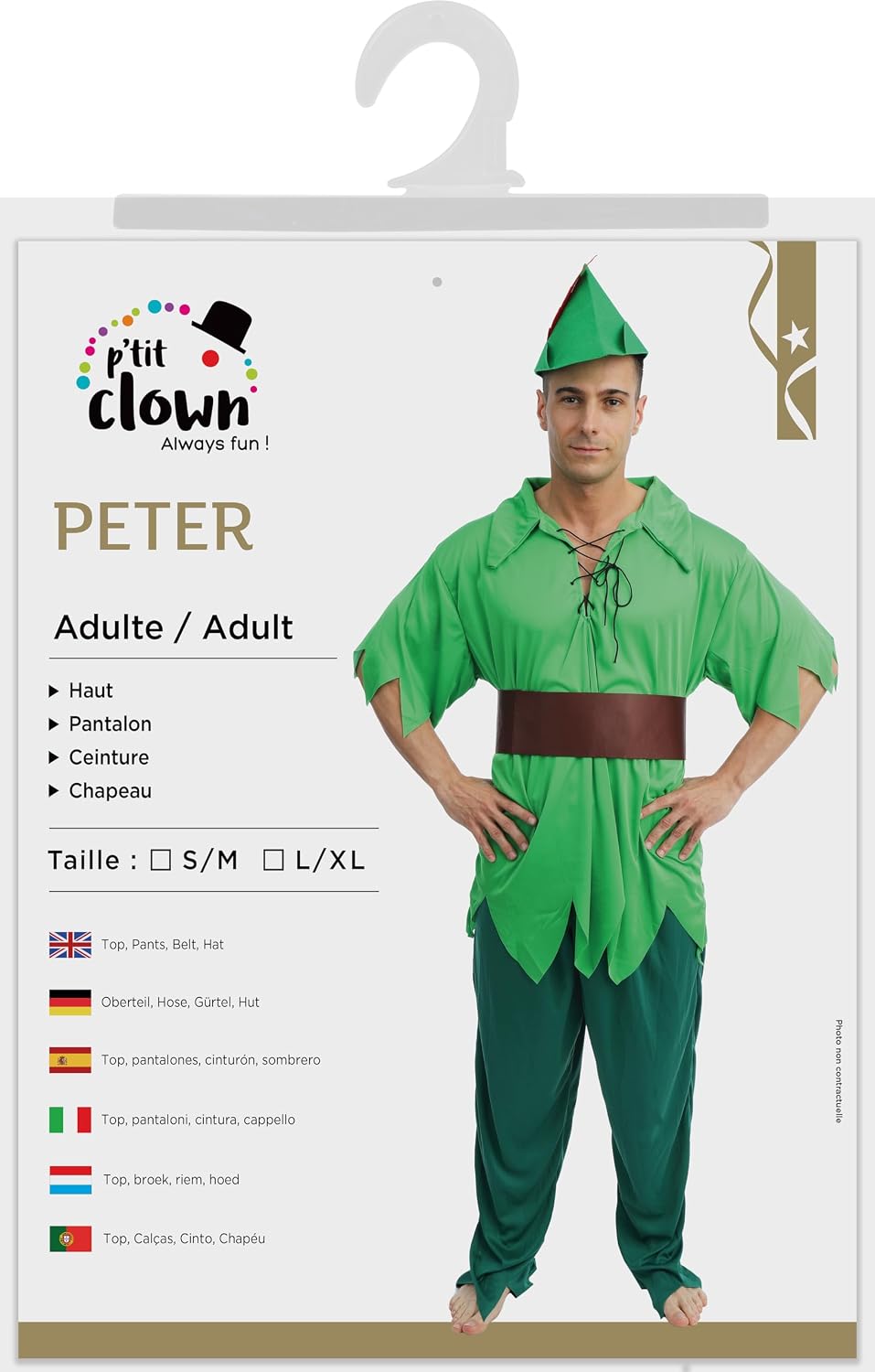 P’TIT CLOWN — Déguisement Peter Adulte vert taille S/M – Image 5