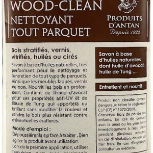 Nettoyant parquets Woodclean Produits D'Antan - Pour bois stratifiés, vernis, vitrifiés, huilés ou cirés - Nettoie,nourrit en profondeur et protège les bois - 1L