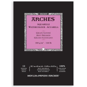 ARCHES Aquarelle - Bloc 12 feuilles 29,7x42 collé petit côté - 300g/m² - grain satiné, blanc naturel, 4 bords francs