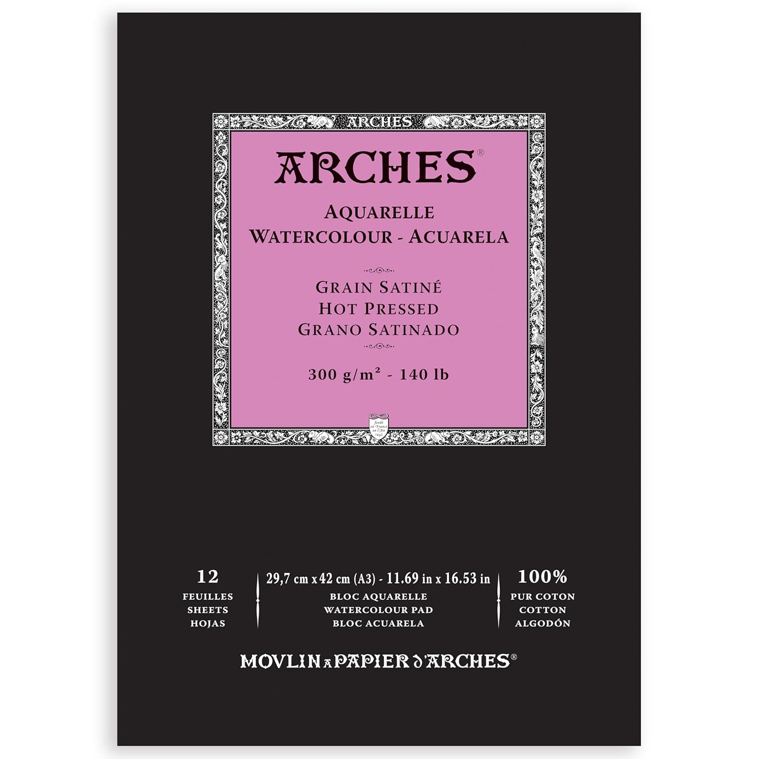 ARCHES Aquarelle - Bloc 12 feuilles 29,7x42 collé petit côté - 300g/m² - grain satiné, blanc naturel, 4 bords francs
