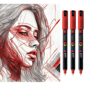 Posca PC-1MR Lot de 3 marqueurs de peinture à pointe ultra fine 0,7 mm pour écrire sur toutes les surfaces en verre, bois, métal, plastique, tissu Rouge