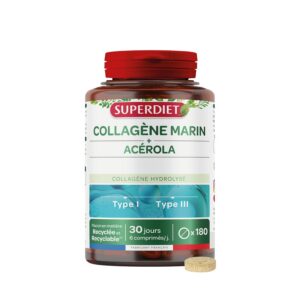 SUPERDIET - COLLAGÈNE MARIN & ACÉROLA - Beauté de peau - Source de vitamine C - Nutrithérapie – Fabrication Française - 180 comprimés