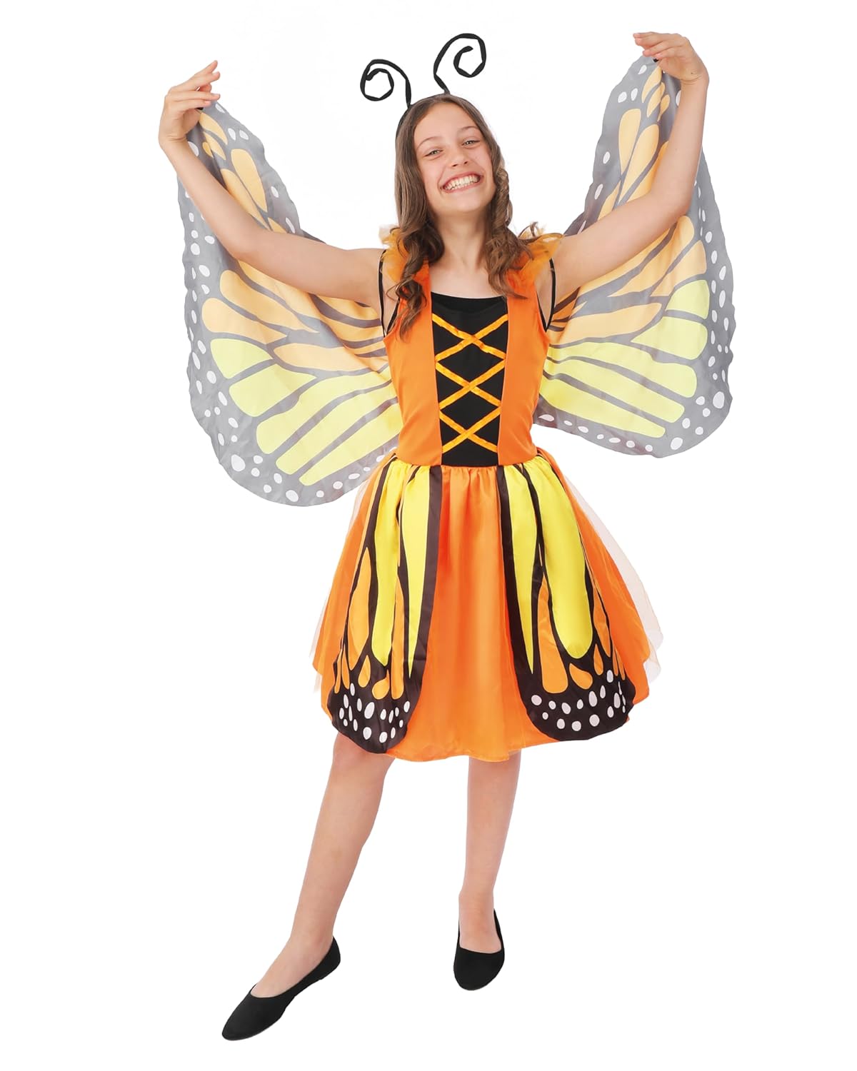 P'TIT CLOWN - 24541 - Déguisement Papillon Fille - Robe, Ailes, Serre-tête - Costume Enfant Carnaval, Anniversaire, Halloween, Fête Costumée - Orange (5/6 ans)